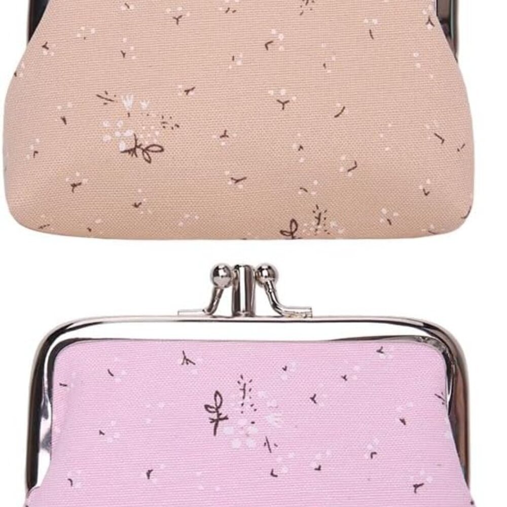 Pack of 2 Canvas Floral Coin Purses Pink & Purple, Compact Wallets for Women